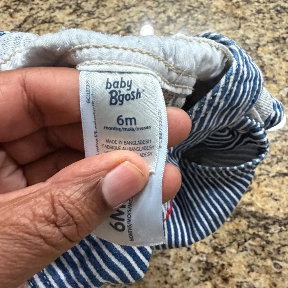 OshKosh Bgosh Baby Boys Blue White Hickory Stripe Red Lined Overalls 6M v